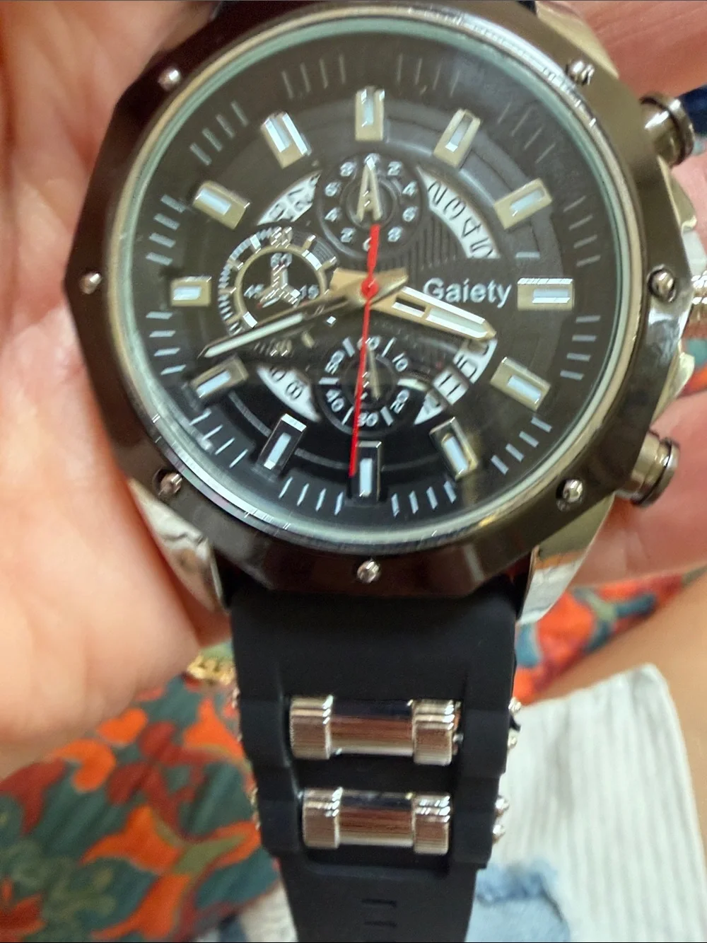 Gaiety ~ Men's Black Sport Chronograph Watch New Black Nylon & Silver